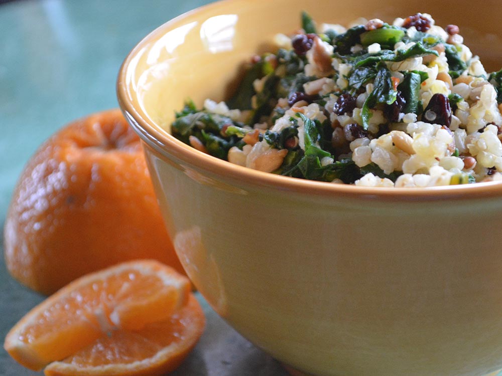 Hippie Rice:  With Beet Greens, Currants, Sunflower Seeds, and Orange Zest