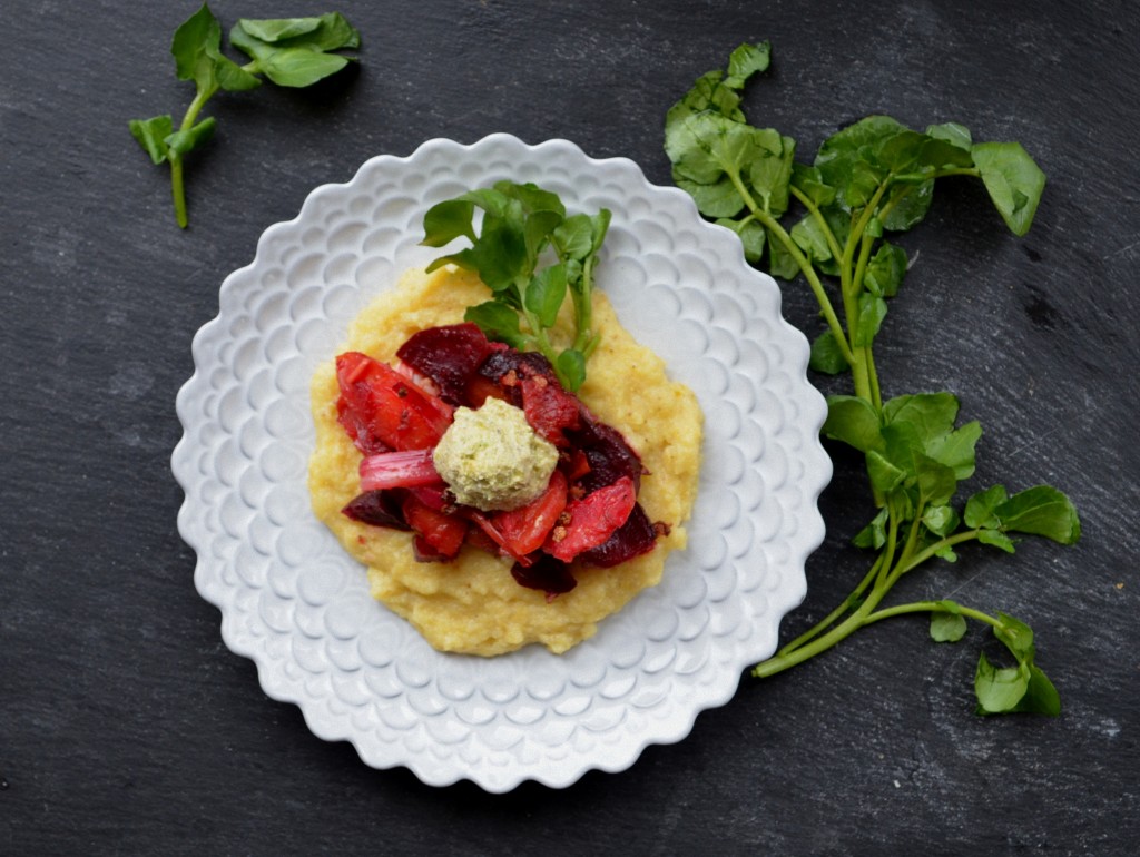 Polenta With Roasted Root Veggies and Pistachio-Goat Cheese