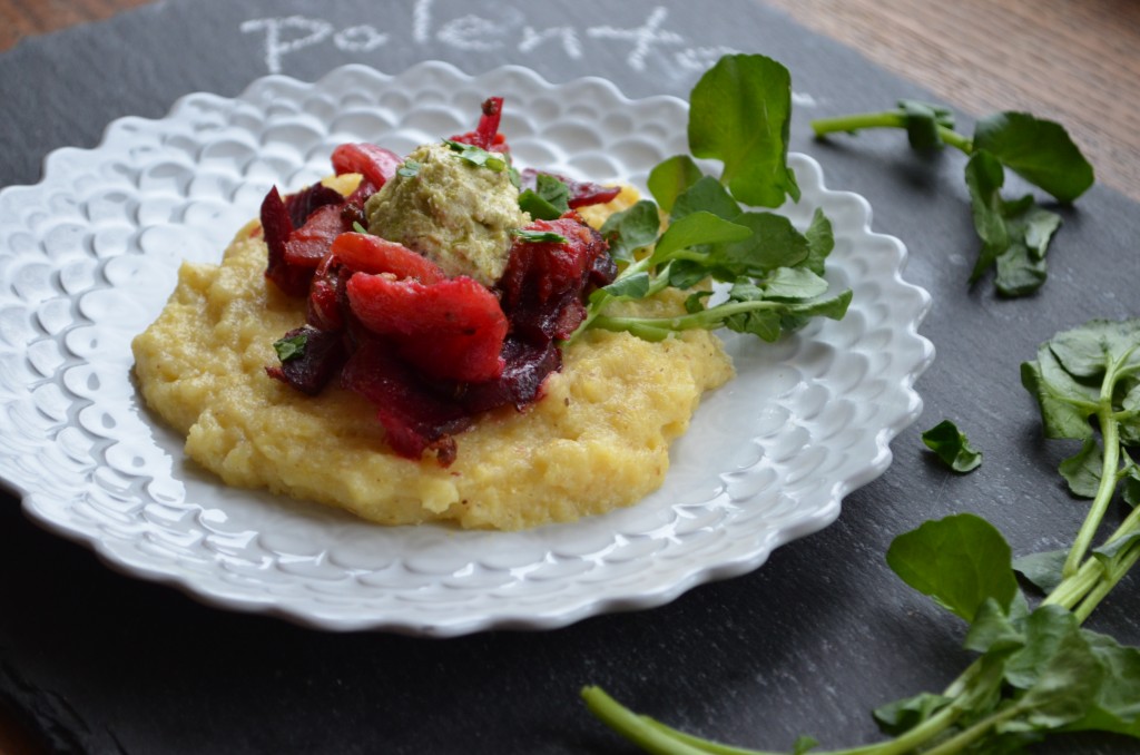 Parmesan Polenta with Roasted Root Veggies and Pistachio Goat Cheese