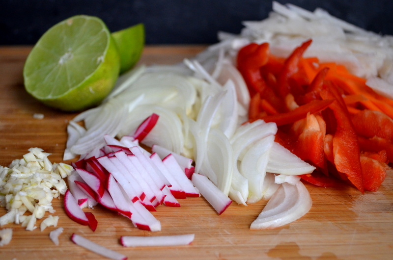 Radishes, Jicama, Onions, Bell Peppers, and Limes ready to go in the skillet.